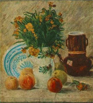 文森特 威廉 梵高 有花的花瓶、咖啡壺和水果